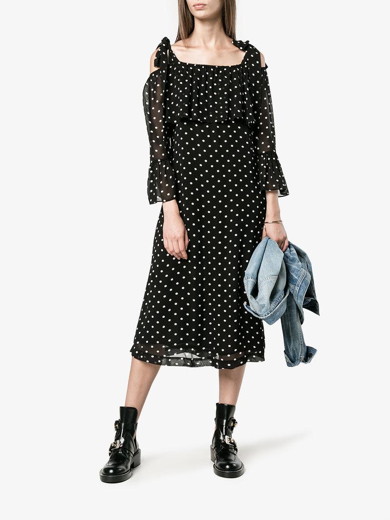 Ganni Monette Cold-shoulder Polka-dot Georgette Dress In Black | ModeSens