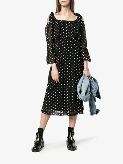 Shop Ganni Monette Polka Dot Off-shoulder Dress In Black