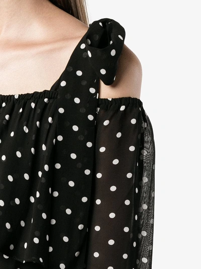Shop Ganni Monette Polka Dot Off-shoulder Dress In Black