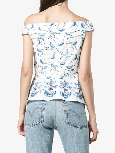 Shop Peter Pilotto Bird Print Off-shoulder Top In White