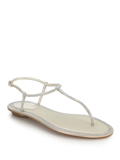 René Caovilla Crystal-embellished Satin T-strap Sandals In Beige
