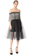 MONIQUE LHUILLIER OFF THE SHOULDER FRINGE DRESS