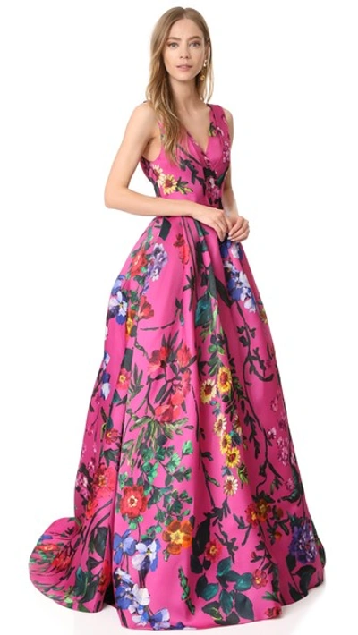 Monique Lhuillier Garden Floral Sleeveless Ball Gown, Pink