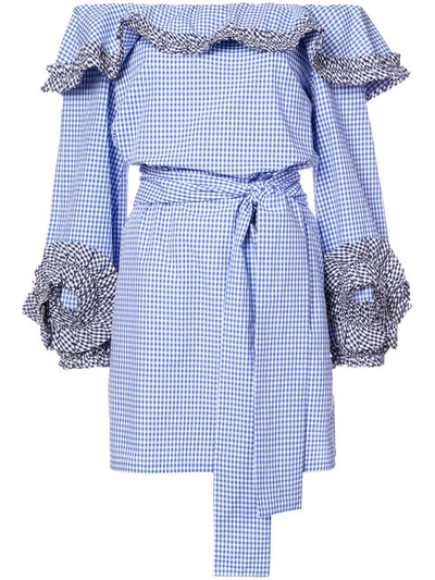 Alexis Miquela Belted Gingham Cotton Dress In Blue