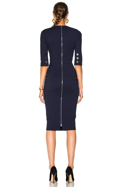 Shop Victoria Beckham Microbrush Cotton Mid Sleeve V Neck Fitted Dress In Blue