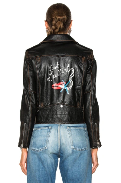 Shop Saint Laurent Smoking Large Lips Motorcycle Jacket In Black