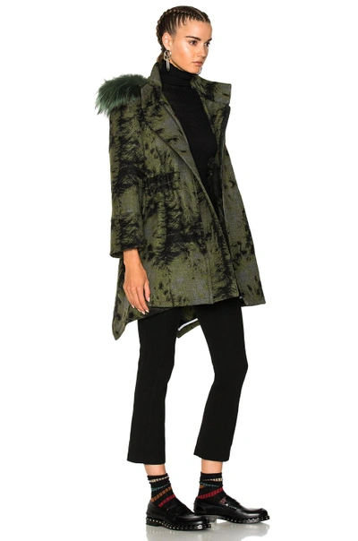 Shop Fendi Wool Illusion Coat With Detachable Fox Trim Hood In Green, Abstract. In Black Tea