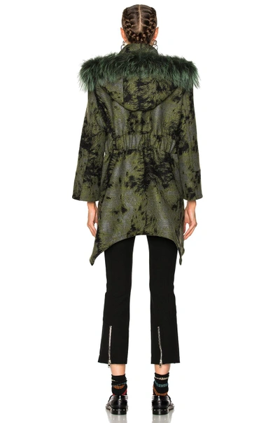 Shop Fendi Wool Illusion Coat With Detachable Fox Trim Hood In Green, Abstract. In Black Tea
