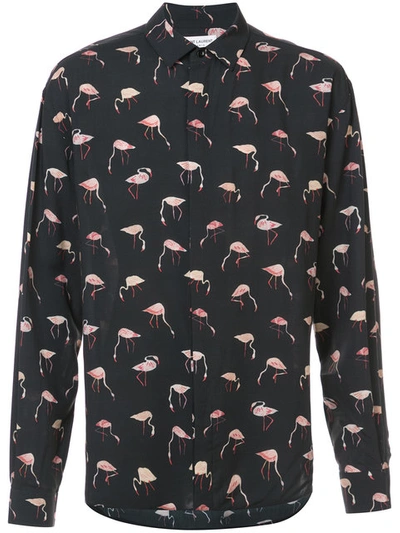 Saint Laurent Yves Collar Shirt In Black And Pink Flamingo Printed Viscose Twill