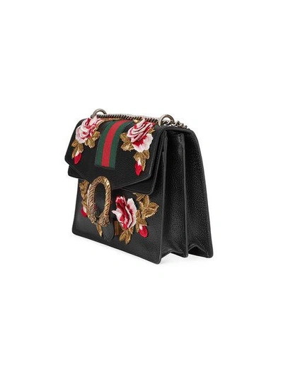 Shop Gucci Black Embroidered Dionysus Leather Shoulder Bag