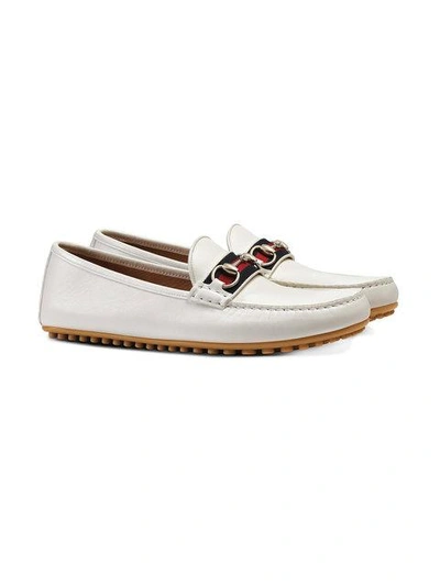 Shop Gucci Leather Driver With Web In White