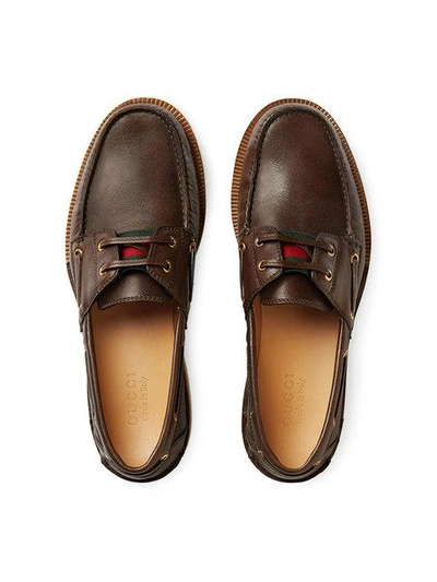 Shop Gucci Leather Loafer With Web In Brown