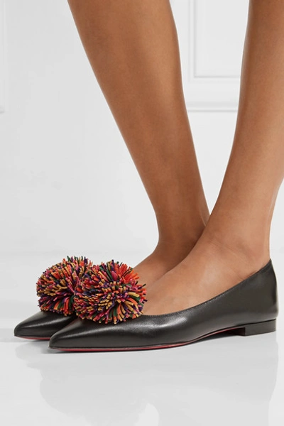 Shop Christian Louboutin Konstantina Pompom-embellished Leather Point-toe Flats In Black