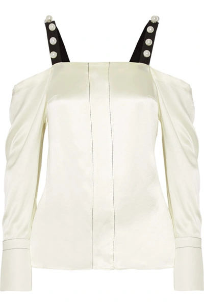 Shop 3.1 Phillip Lim / フィリップ リム Cold-shoulder Faux Pearl-embellished Silk-satin Blouse In Cream
