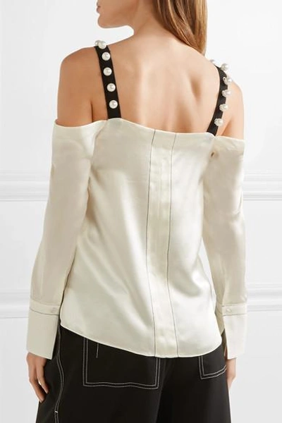 Shop 3.1 Phillip Lim / フィリップ リム Cold-shoulder Faux Pearl-embellished Silk-satin Blouse In Cream