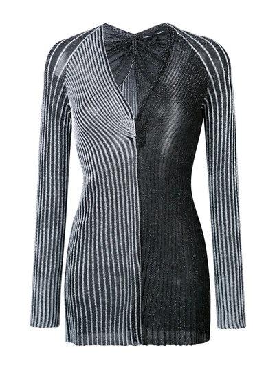 Proenza Schouler Metallic Rib Long Sleeve V-neck Top In Black, Metallics. In Silver