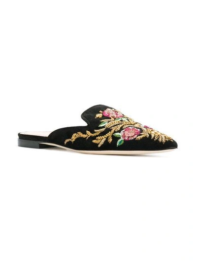 Shop Alberta Ferretti Flower Embroidered Flat Mules - Black