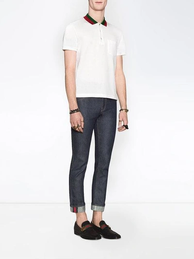 Shop Gucci Cotton Polo With Web Collar In White