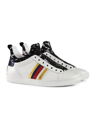 Shop Gucci Leather And Lace High Top Sneaker