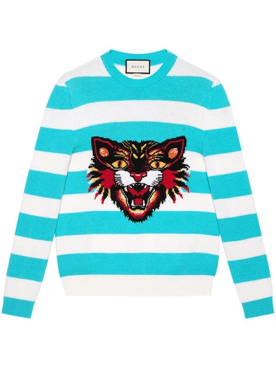 Gucci Angry Cat-intarsia Striped Wool Sweater In Blue, White