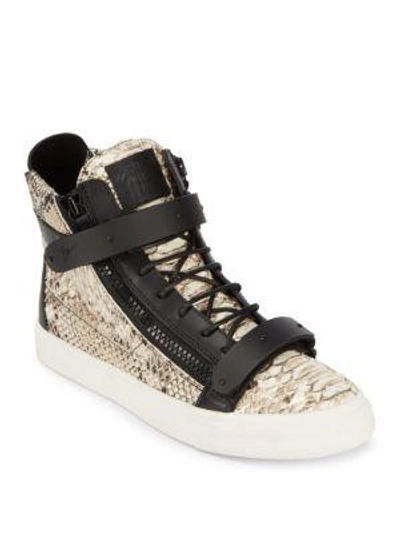 Giuseppe Zanotti Scribbled Leather High-top Sneakers In Natural