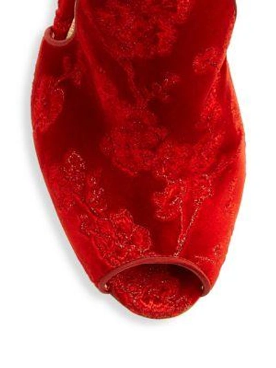 Shop Gianvito Rossi Embroidered Velvet Peep Toe Mules In Tabasco Red