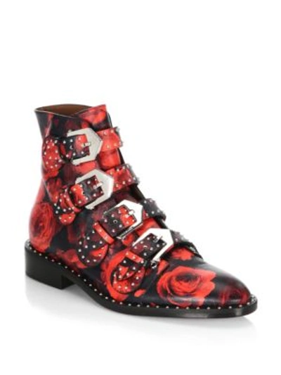 Shop Givenchy Studded Rose Ankle Booties In Red-black