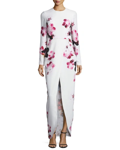 Elie Saab Floral Long-sleeve Front-slit Gown, Multi In *multi Colour