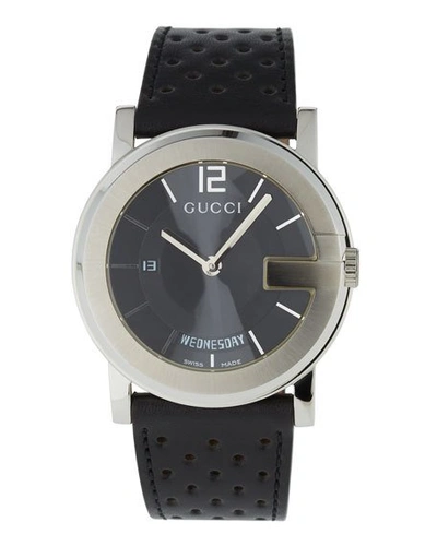 Gucci 39mm Men's G-round Watch W/ Pierced Leather Stap, Black