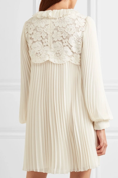 Shop Philosophy Di Lorenzo Serafini Lace-paneled Pleated Chiffon Mini Dress In Cream