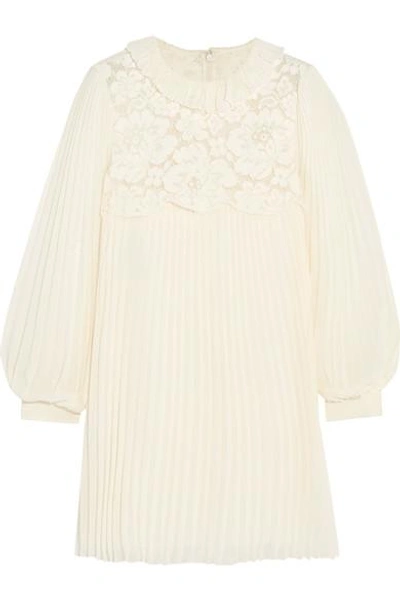 Shop Philosophy Di Lorenzo Serafini Lace-paneled Pleated Chiffon Mini Dress In Cream