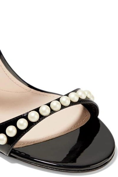Shop Miu Miu Faux Pearl-embellished Patent-leather And Tartan Tweed Sandals