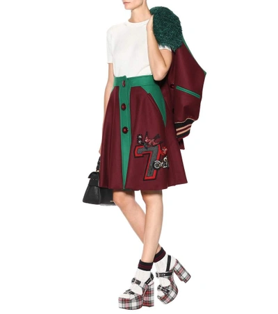 Shop Miu Miu Embellished Wool Skirt In Red