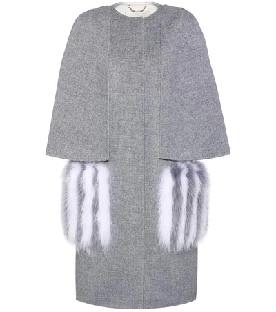 Fendi Wool Coat With Fox Fur In Grey