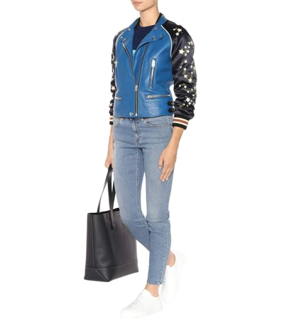 Shop Coach Cityscrape Embroidered Leather And Satin Jacket In Slate