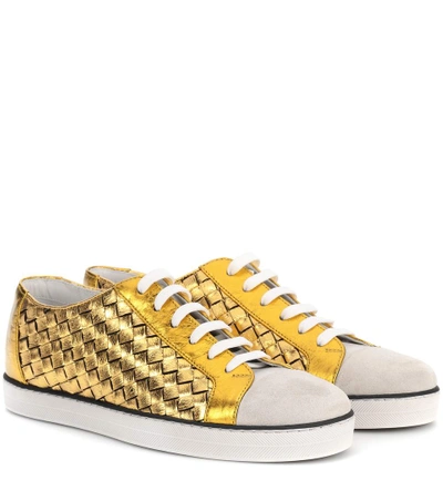 Bottega Veneta Intrecciato Leather And Suede Sneakers In Gold