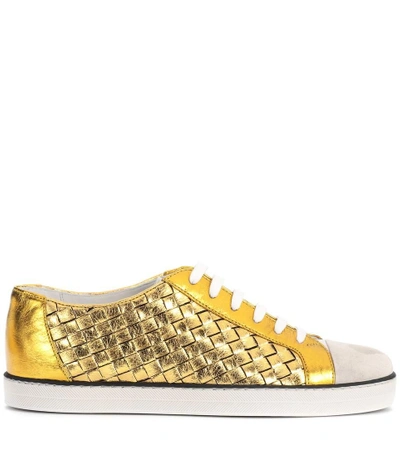 Shop Bottega Veneta Intrecciato Leather And Suede Sneakers In Gold