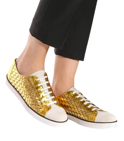 Shop Bottega Veneta Intrecciato Leather And Suede Sneakers In Gold