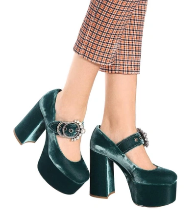 Shop Miu Miu Velvet Plateau Pumps In Green