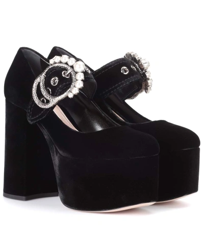 Miu Miu Embellished Velvet Block-heel Platform Pumps In Black