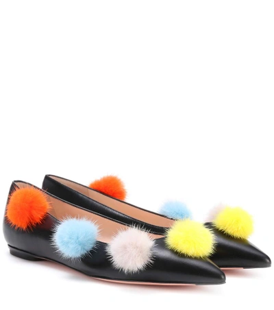 Shop Fendi Fur-embellished Leather Ballerinas In Black