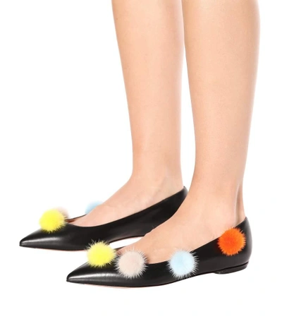 Shop Fendi Fur-embellished Leather Ballerinas In Black