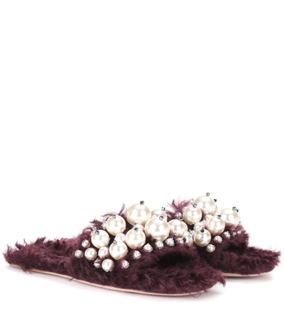Miu Miu Embellished Faux Fur Slippers In Purple