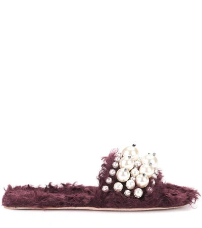 Shop Miu Miu Embellished Faux Fur Slippers In Purple