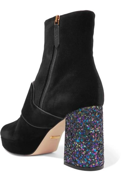 Shop Gucci Embellished Glittered Velvet Ankle Boots In Black