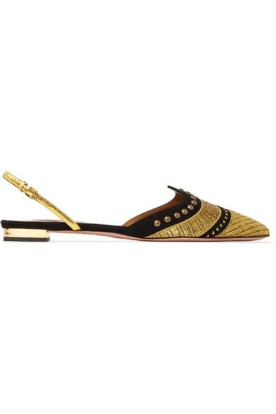 Shop Aquazzura Marrakech Studded Embroidered Suede Point-toe Flats