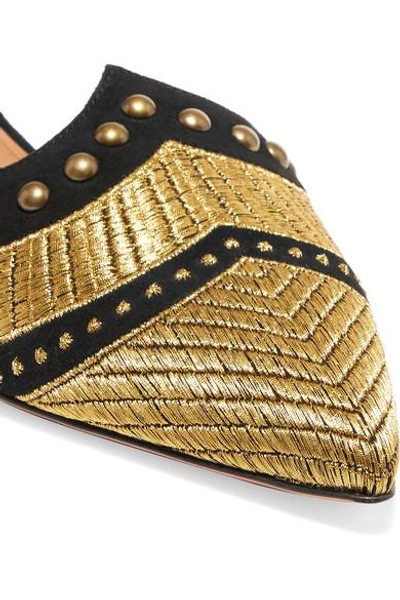 Shop Aquazzura Marrakech Studded Embroidered Suede Point-toe Flats