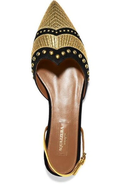 Shop Aquazzura Marrakech Studded Embroidered Suede Point-toe Flats