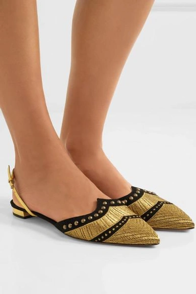 Shop Aquazzura Marrakech Studded Embroidered Suede Point-toe Flats