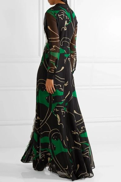 Shop Valentino Panther Pussy-bow Lace-trimmed Printed Silk-chiffon Gown